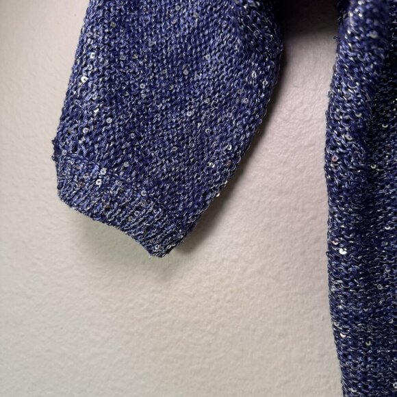 H Halston Silver Blue Sparkly Sequin Pull On V Neck Knit Sweater Size Medium - Picture 2 of 8
